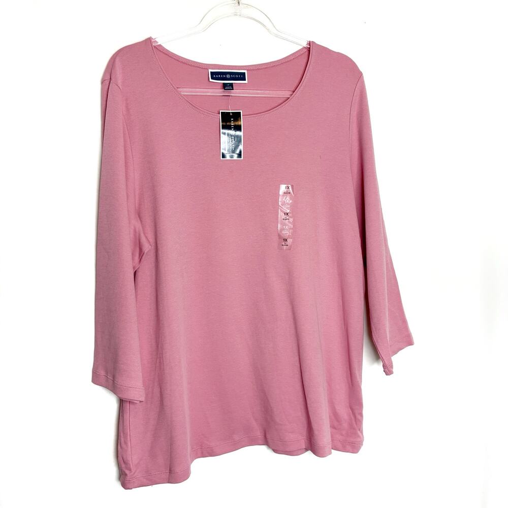 Karen Scott Mellow Rose Pink 3/4 Sleeve Tee 100% Cotton NWT Womens 1X